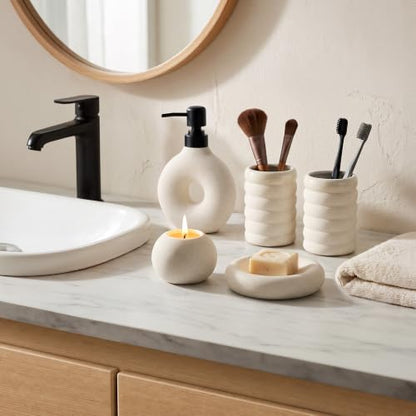 5 Pcs Ceramic Bathroom Accessories Set, White Bathroom Soap Dispenser Set | Soap Dispenser 16Oz, Toothbrush Cup, Toothbrush Holder, Soap Dish, Candle Holder,Modern Bathroom Accessory Set for Countertop - color: White-002