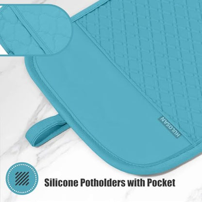Oven Mitt and Pot Holders Sets, Quilted Cotton Terry Cloth,Non-Slip Pot Holder, Silicone Oven Mitt Heat Resistant, Oven Mittens 7.3"x14.2", Hot Pad 7"x10" & Dish Cloths 13"x25" - color: Lake Blue