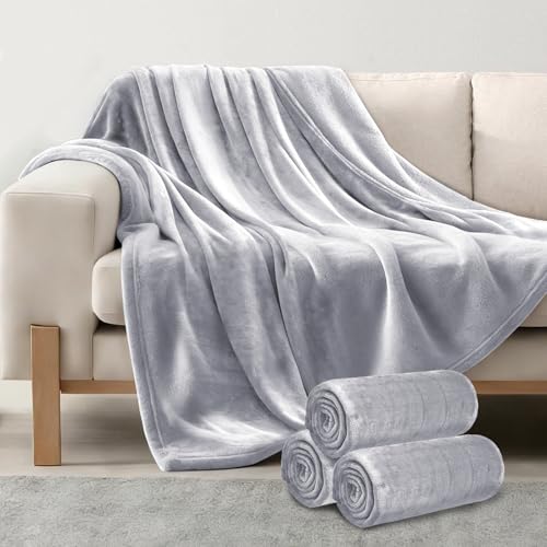 3-Pack Fleece Throw Blankets 50x60, 300GSM Soft Flannel Plush Blanket, Lightweight Warm Couch Sofa Bed Blankets, No Shedding All Season (Light Gray) - color: Light Gray