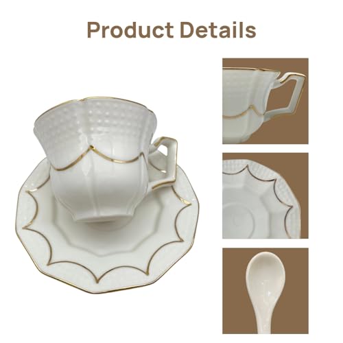 Tea Cup and Saucer Set for 1, Ceramic, White, 6.8 Oz | Coffee Cup with Saucer and Spoon, Elegant Design, 3D relief patterns, Gold Trim, Protective Packaging, Ideal for Gift - color: Modern