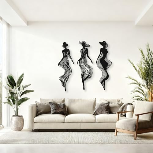 XXQ Abstract Women Silhouette Metal Wall Art Set of 3 – Modern Line Art Decor for Living Room, Bedroom, Hallway, or Studio Walls (Black, 48" x 15" / 121 x 39 cm) - size: 48L" x 15W"