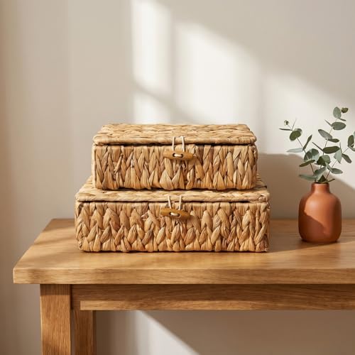 Small Wicker Storage Basket with Lid 2-Pack, Water Hyacinth Woven Baskets | Dustproof design with cover, Natural materials, Handwoven, Built-in handle, Living room, bedroom, utility room, vanity - color: Natural color