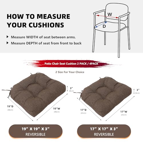 RACE LEAF Patio Chair Cushions 19x19 4 Pack, Thickened Heavy Duty Outdoor Cushions Stain & Water Resistant Non-Slip Ties Tufted (Brown) - color: Brown, size: 19x19 Inch (Pack of 4)