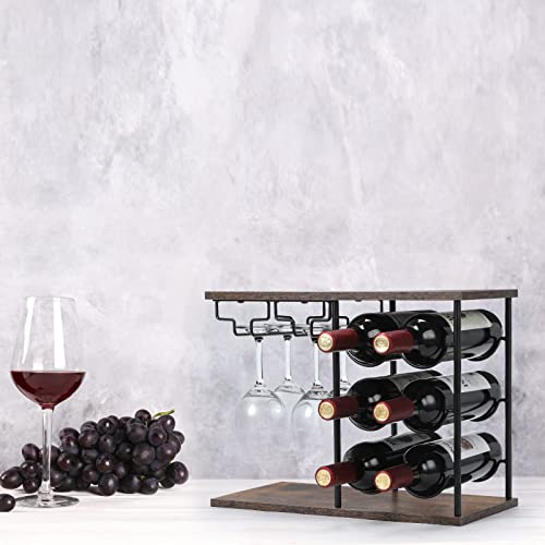MOOACE Countertop Wine Rack, Wine Bottle Rack with Glass Holder | Freestanding, Holds 6 Bottles and 4 Glasses, For Home Bar Tabletop Kitchen Cabinet, Wood & Metal