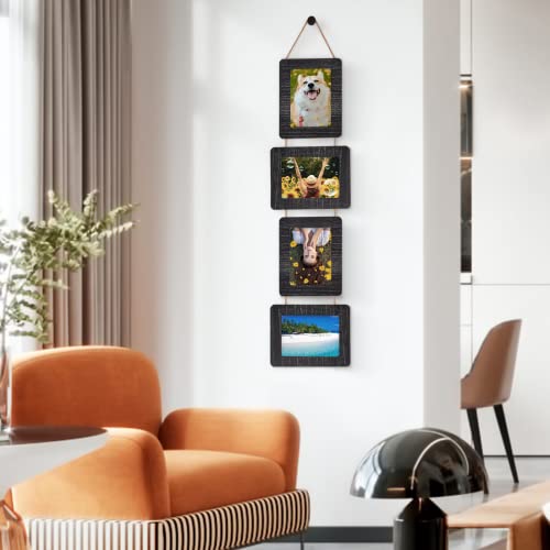 5x7 Collage Picture Frame, 4 Opening, Rustic Wood, Weathered Black | Wall-Mounted Hanging Design, Displays 4x6 Photos with Mat or 5x7 Photos Without Mat, Three-Opening Layout - color: Weathered Black, size: 4 Opening
