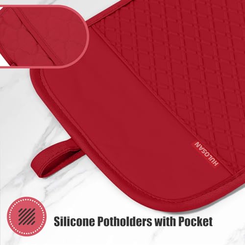 Oven Mitt and Pot Holders Sets, Quilted Cotton Terry Cloth,Non-Slip Pot Holder, Silicone Oven Mitt Heat Resistant, Oven Mittens 7.3"x14.2", Hot Pad 7"x10" & Dish Cloths 13"x25" - color: Red