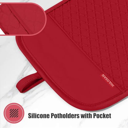 Oven Mitt and Pot Holders Sets, Quilted Cotton Terry Cloth,Non-Slip Pot Holder, Silicone Oven Mitt Heat Resistant, Oven Mittens 7.3"x14.2", Hot Pad 7"x10" & Dish Cloths 13"x25" - color: Red