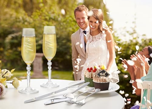 Wedding Cake Knife and Server Set with Forks, Crystal Champagne Flutes | Classical Style Toasting Glasses for Bride and Groom, Wedding Gifts for Couples, Engagement and Bridal Shower Gifts - color: Silver