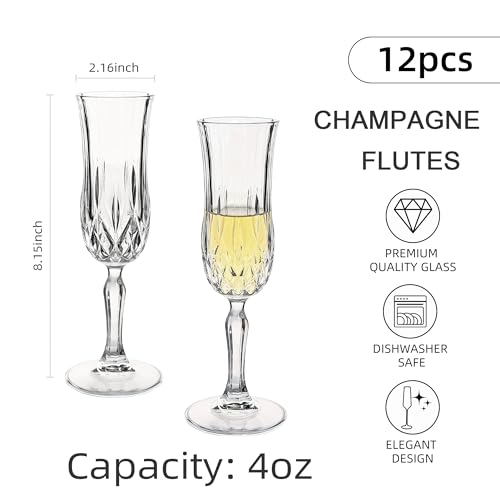 Champagne Flutes Set of 12, 4 oz Vintage Champagne Glasses with Cut Design | Elegant Stemware for Champagne, Prosecco, Mimosa, Dishwasher Safe, Ideal for Weddings, Parties, and Home Use