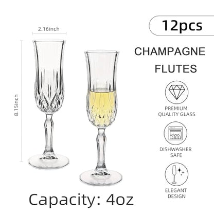 Champagne Flutes Set of 12, 4 oz Vintage Champagne Glasses with Cut Design | Elegant Stemware for Champagne, Prosecco, Mimosa, Dishwasher Safe, Ideal for Weddings, Parties, and Home Use
