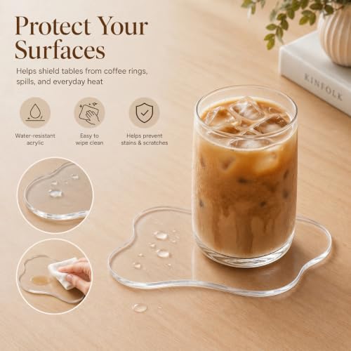 Cinnvoice 4 Pcs Acrylic Coasters Decorative Plates Clear Cloud Shape Coffee Cup Coaster with 1 Pcs Holder Decorative Plates Clear Coaster for Home Office Desk, Accessory for Desktop Protection