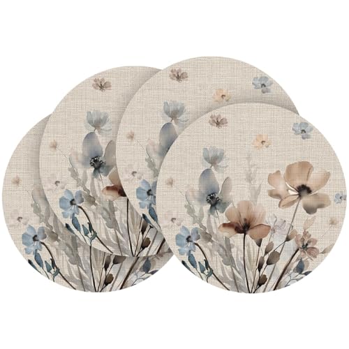 Artoid Mode Brown Poppy Floral Round Placemats Set of 4, 14 Inch Washable Non-Slip Plastic Woven Plastic PVC Place Mats for Farmhouse Party Dining Decor - size: 14", Round 4 Pcs