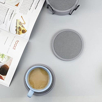 Absorbent Coasters for Drinks with Holder - 6packs, Silicone Coaster with Soft Felt Insert (4.3 inch Coasters with 4.5 inch Holder, Grey) - color: Gray