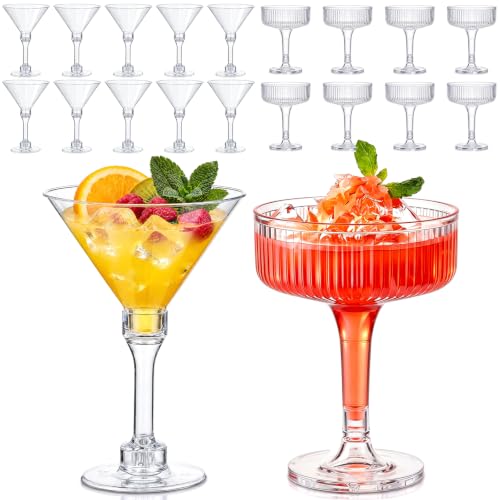 Lounsweer Set of 24 Plastic Champagne Coupe, Including 12 Pcs 10 oz Champagne Tower Glasses and 12 Pcs 5 oz Martini Glasses Plastic, Stackable Ribbed Coupe Cocktail Cups for Wedding Birthday Party