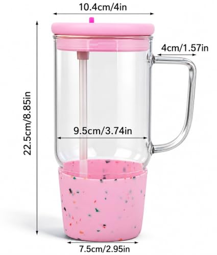 40oz Glass Tumbler with Flip Straw Lid, Handle, Silicone Sleeve, Pink | Leakproof Lid, Fits Car Cup Holder Glass for Iced Coffee, Water, Cold Drinks, Travel, Outdoor, Partys&Home - color: Pink
