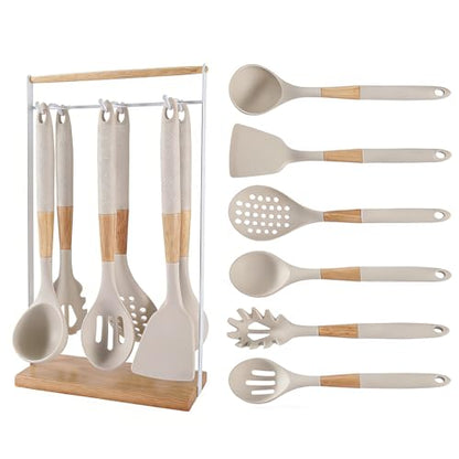 Chef Kitchen Cooking Utensils Set, Heat Resistant Silicone Kitchen Utensils Sets with Storage Rack, 7PCS Gadgets Tools Set with Wooden Handle for Nonstick Cookware,Tongs, Turner, Skimmer (White) - color: White