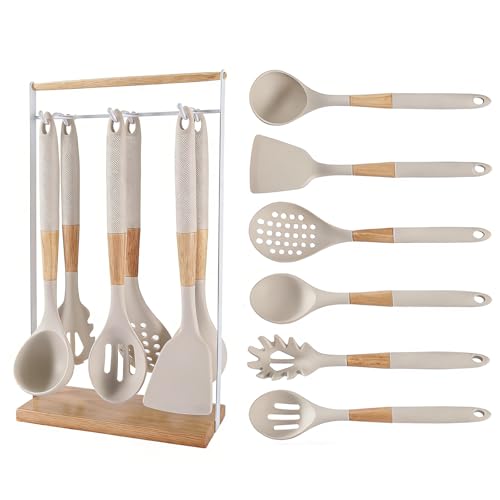 Chef Kitchen Cooking Utensils Set, Heat Resistant Silicone Kitchen Utensils Sets with Storage Rack, 7PCS Gadgets Tools Set with Wooden Handle for Nonstick Cookware,Tongs, Turner, Skimmer (White) - color: White