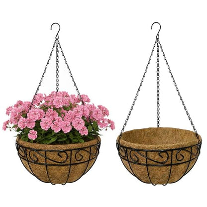 12 Inch Hanging Baskets for Plants Outdoor, 2 Pack Metal Wire Hanging Planters with Coco Coir Liners, Rust-Resistant Flower Basket with Chains & Hooks for Garden Patio Porch Deck Balcony - size: 12IN-2PCS
