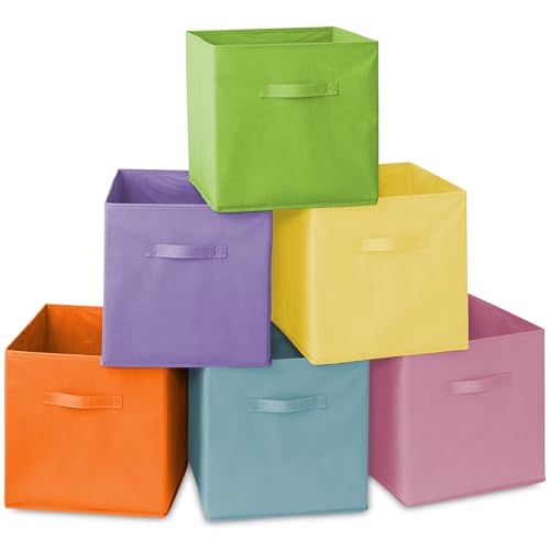Casafield Set of 6 Collapsible Fabric Cube Storage Bins, Multicolor - 13" Foldable Cloth Baskets for Shelves, Cubby Organizers & More - color: Baby Blue, Lavender, Lime Green, Pink, Orange, Yellow, size: 13" x 13" x 13"