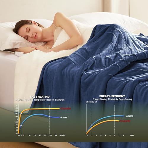 Heat Blanket 50”x60” Throw,Soft Flannel & Sherpa Reversible Electric Blanket with 10 Heat Settings,12 Timer Setting and 3 Hours Auto-Shut Off,ETL Certified Machine Washable,Dark Blue - color: Dark Blue, size: 50*60in
