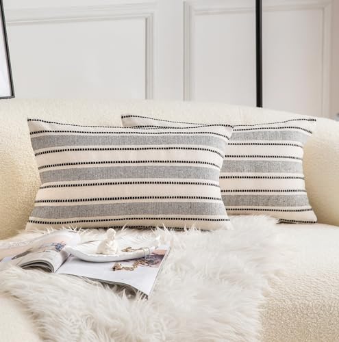 Cethom Decorative Boho Lumbar Throw Pillow Covers, Farmhouse Textured Pillow Case, 12 x 20 Inch Set of 2, Chair Sofa Bedroom Living Room Home Decor Couch Cushion Case, Black and Beige - color: Black, size: 20" x 12" (Pack of 2)