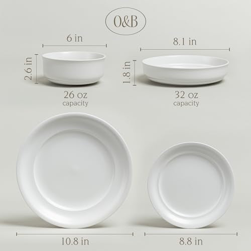 over&back Rim Dinnerware Set - Stoneware Dishes - Comes with 4 Dinner Plates, Salad Plates, Cereal Bowls, and Dinner Bowls - 16-Piece All-Occasion Place Settings - Serves Four - Semi-Matte White - color: White, size: Dinner Set | 16 Pieces