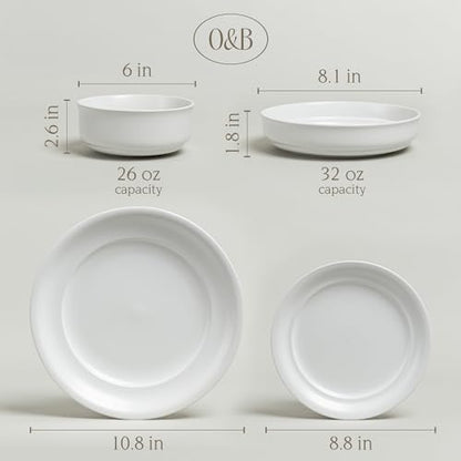 over&back Rim Dinnerware Set - Stoneware Dishes - Comes with 4 Dinner Plates, Salad Plates, Cereal Bowls, and Dinner Bowls - 16-Piece All-Occasion Place Settings - Serves Four - Semi-Matte White - color: White, size: Dinner Set | 16 Pieces