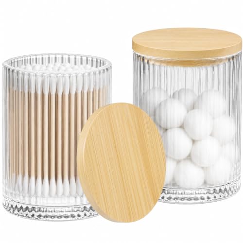 SheeChung 2 Pack Glass Apothecary Jar with Natural Bamboo Lids | 8.5oz Qtip Holder, Bathroom Vanity Storage Organizer Set for Cotton Swabs, Pads, Floss Picks, Containers for Makeup Storage - color: Natural Bamboo