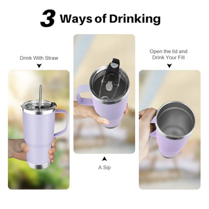 20 oz Tumbler with Handle, Stainless Steel Insulated Tumbler with Lid and Straw, Double Wall Vacuum Coffee Mug Tumbler, Insulated Coffee Thermal Cup for Cold and Hot (Light Purple) - color: Light Purple, size: 20 Ounces