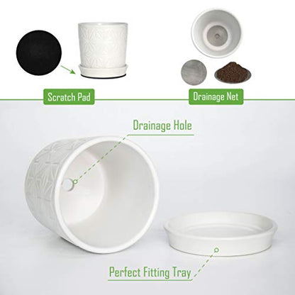 D'vine Dev 2-Pack Geometric Stoneware Planters, 3.8/5.8 in, White, 99-E-1 | Drainage Hole and Saucer, Sculptural Geometric Design, Rich Glazed Surface, Modern Style, Elegant Accent for Indoor Plants - color: White