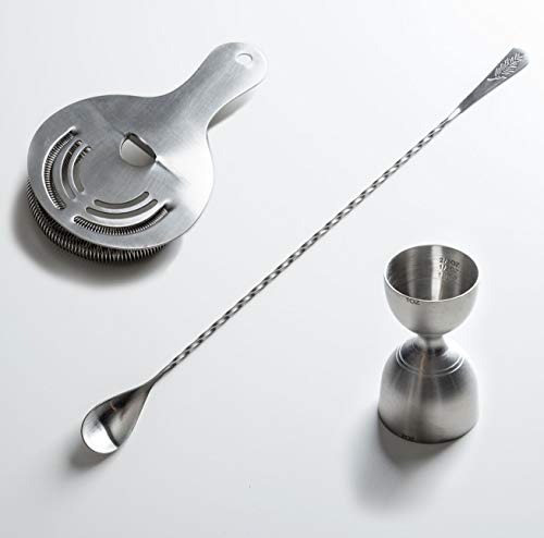 Cocktail Tools Set - 3-piece 304 Stainless Steel Essentials Bartender Kit includes 15" Long Bar Mixing Spoon, Cocktail Strainer and Marked Measurement Double Bell Jigger for Bartending