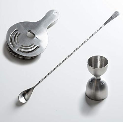 Cocktail Tools Set - 3-piece 304 Stainless Steel Essentials Bartender Kit includes 15" Long Bar Mixing Spoon, Cocktail Strainer and Marked Measurement Double Bell Jigger for Bartending
