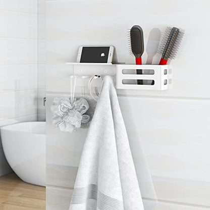MKO Key Holder Wall Mount, Adhesive Key Hanger with 4 Hooks for Wall, White | Metal Material, Key Rack with Shelf, Wall Mount, Mail Organizer Tray, Suitable for Entryway, Hallway, Living Room - color: White with Shelf
