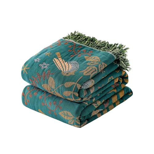 Boho Throw Blanket - 100% Cotton Soft Throw Blanket for Bed, 90"x90" Reversible Breathable Lightweight Summer Blankets, All Seasons Farmhouse Decor Floral Plant Bird Throw Quilt - color: 03-spring Bird Blue, size: (90"x90")Queen