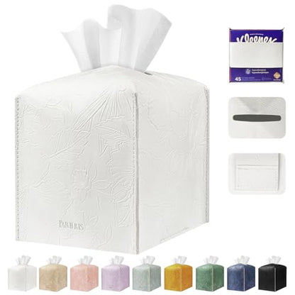 Tissue Box Holder Cover Square Tissue Cube Cover PU Leather Tissue Organizer with Bottom Belt for Bathroom, Tabletop, Kitchen, Night Stands, Office, Home, Car (1, White) - color: White