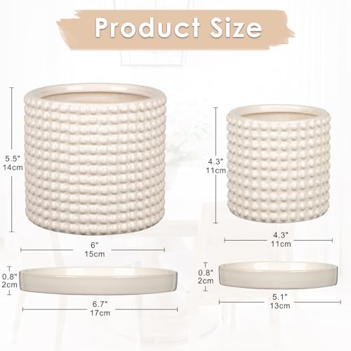 Set of 2 Ceramic Planter Pots with Drainage Hole and Saucer, Round Flower Pot Hobnail Modern Planter Pots for Indoor & Outdoor Plants - 4 Inch & 6 Inch, White - color: Off-white # 4+6 Inch