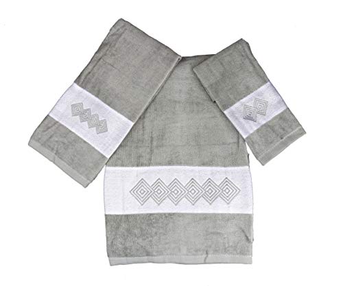 Marina Decoration Premium Luxury Decor Ultra Soft 100% Cotton Embroidered Bathroom Modern 3 Piece Towel Set, Grey Modern Square Pattern - color: Gray Modern Square