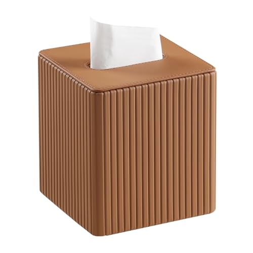 PU Leather Square Tissue Box Cover with Bottom, Camel | Fits All Standard Cube Tissue Boxes, Modern Fluted Decorative Tissue Box Holder for Bathroom, Bedroom, Office, Living Room - color: Camel