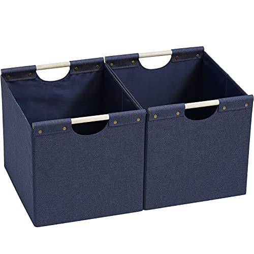 HOONEX Large Foldable Storage Bins, Linen Fabric, Pack of 2, Storage Baskets with Wooden Carry Handles and Sturdy Heavy Cardboard, for Home, Office, Car, Nursery, Blue - color: Blue