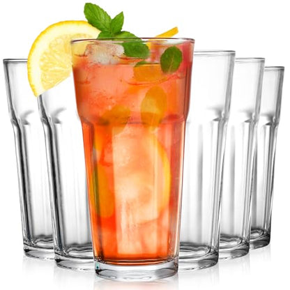 Yopay Set of 6 Drinking Glasses 16oz, Thick Tempered Water Glasses, Lead-Free Highball Pint Clear Iced Hot Tea Glassware for Juice, Beer, Cocktails Milkshake, Soda Tumbler