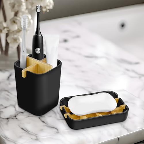 Toothbrush Holders and Soap Holder Set, Bathroom Accessories Countertop | 4 Slots Brush Holder, Plastic Soap Dish Tray, Bathroom Countertop Storage - color: Black