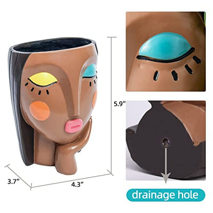 Saysmile Face Planter Pots for Indoor Plants, Resin Head Planter Succulent Planter Flower Planter Cute Girl Head Pots with Drainage Hole - Painted Thinking Girl Closed Eyes - color: Thinking - Painted