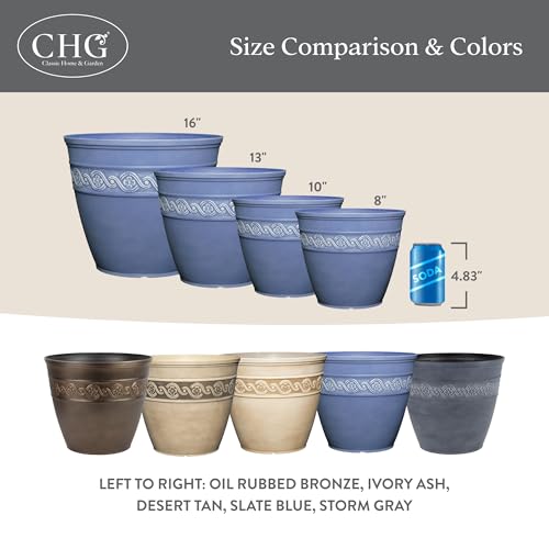 Corinthian Round Planter Pot w/Drainage Holes, 8" Desert Tan | Classic Resin Plant Pots, Lightweight Indoor Outdoor Planter, Weather-Resistant, Great for Patio, Home & Garden Decor Accent