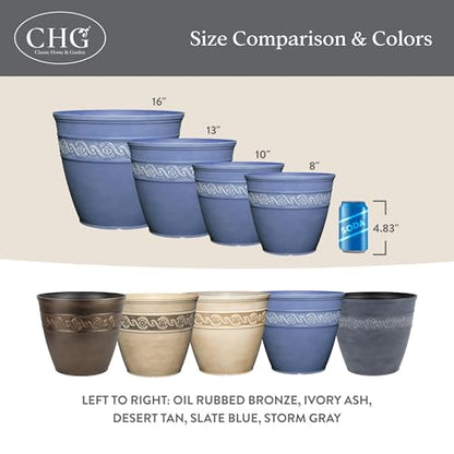 Corinthian Round Planter Pot w/Drainage Holes, 8" Desert Tan | Classic Resin Plant Pots, Lightweight Indoor Outdoor Planter, Weather-Resistant, Great for Patio, Home & Garden Decor Accent