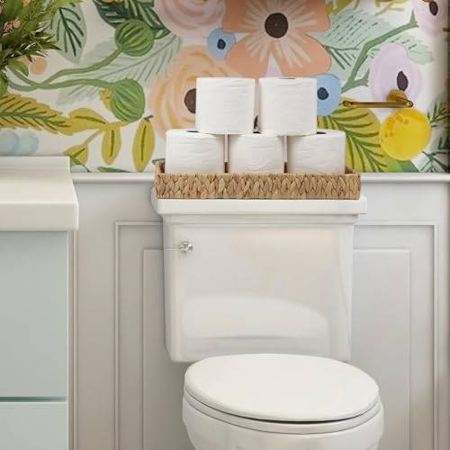 Water Hyacinth Bathroom Vanity Tray, 16.7 Inch | Long Toilet Tank Basket, Hand Towel Organizer, Bathroom Counter Storage, Coffee Table Tray, Woven Decor - size: 16.7" x 6" x 2"