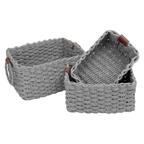 Paper Rope Storage Baskets Set of 3, Handwoven Decorative Wicker Organizer Bins with Handles for Shelves, Bathroom, Closet & Pantry, Soft Woven Nesting Storage Basket Set (Gray) - color: Gray