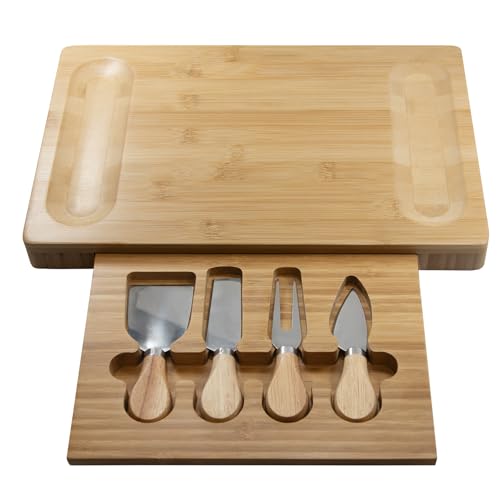 Sarge Artisan Bamboo Cheese Board Set, 4-Piece, Charcuterie Serving Tray | bamboo, stainless steel knives, hidden drawer, charcuterie, cheese, entertaining, parties, housewarming gift, SK-180