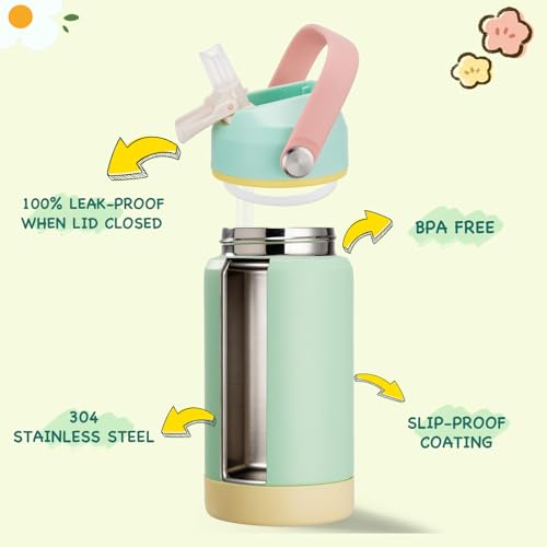 Kerilyn 12oz Water Bottle 2 Pack, Stainless Steel Insulated Water Bottle Bulk with Straws Leak-Proof,BPA Free, 2 Piece Set Mint Breeze - color: A. Mint Breeze