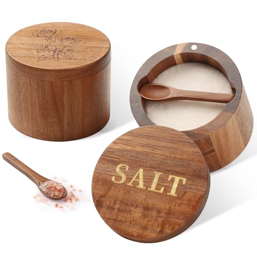 Salt Cellar, 2PCS Salt Container Acacia Wood Salt and Pepper Box for Countertop with Built-in Spoon & Swivel Lid, Wood Salt Holder Bowl for Kitchen, Seasoning Storage (Rose & SALT Engraving) - color: Acacia Wood SALT and Rose Set