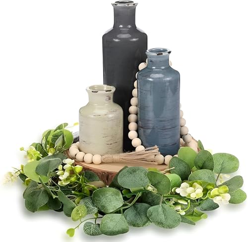 6 Pcs Rustic Table Centerpieces, Set of 3 Boho Ceramic Vases, Wooden Serving Tray, Modern Farmhouse Wood Beads Garland Tassel, Artificial Greenery for Home Coffee Tabletop Decor(Morandi) - color: Morandi